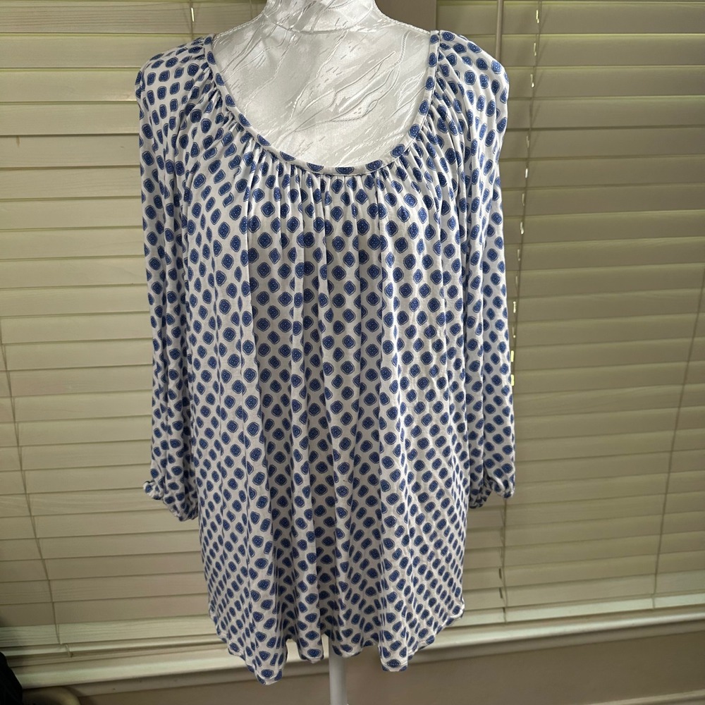 Michael Kors Blouse Women XXL Blue White Medallion Print Scoop Neck Tunic Top